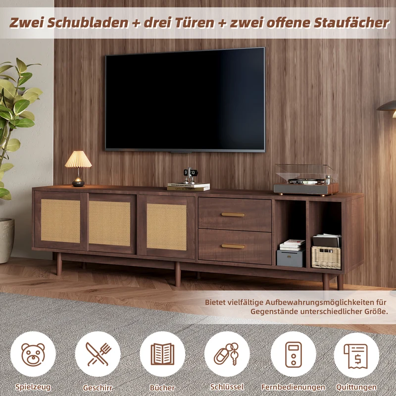 Meuble TV effet bois noyer et 3 portes en rotin 2 tiroirs 190x40x52 cm TERRALON