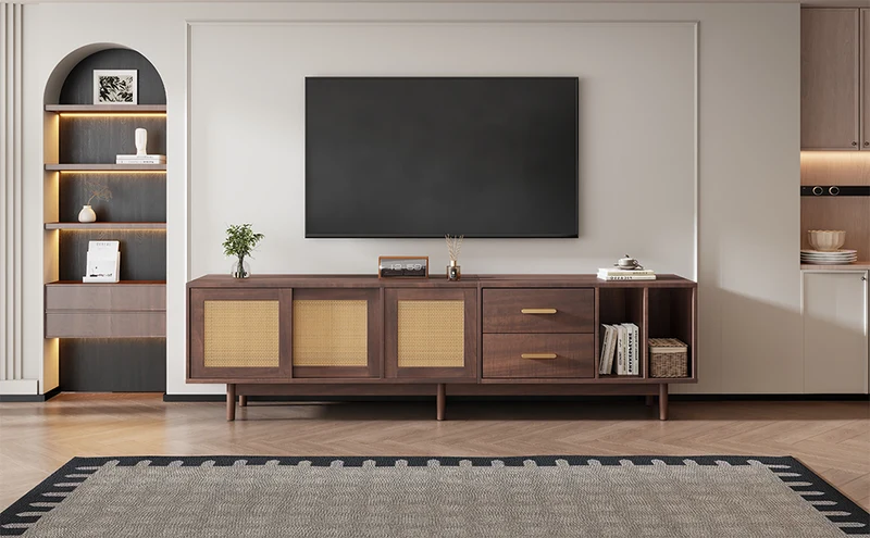 Meuble TV effet bois noyer et 3 portes en rotin 2 tiroirs 190x40x52 cm TERRALON