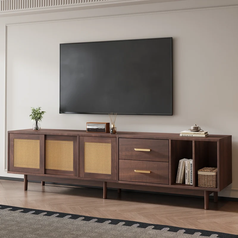 Meuble TV effet bois noyer et 3 portes en rotin 2 tiroirs 190x40x52 cm TERRALON