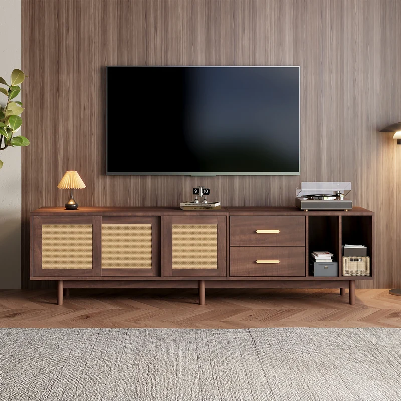 Meuble TV effet bois noyer et 3 portes en rotin 2 tiroirs 190x40x52 cm TERRALON