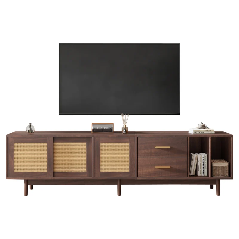 Meuble TV effet bois noyer et 3 portes en rotin 2 tiroirs 190x40x52 cm TERRALON