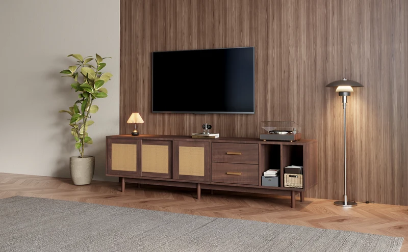 Meuble TV effet bois noyer et 3 portes en rotin 2 tiroirs 190x40x52 cm TERRALON