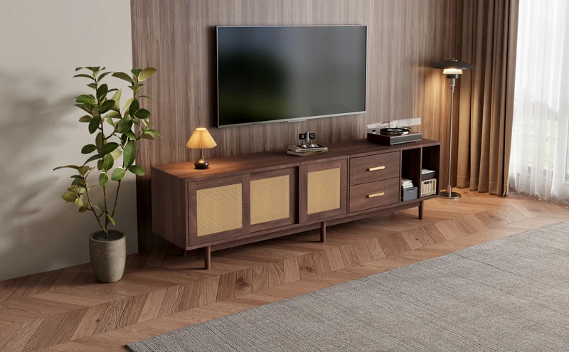 Meuble TV effet bois noyer et 3 portes en rotin 2 tiroirs 190x40x52 cm TERRALON