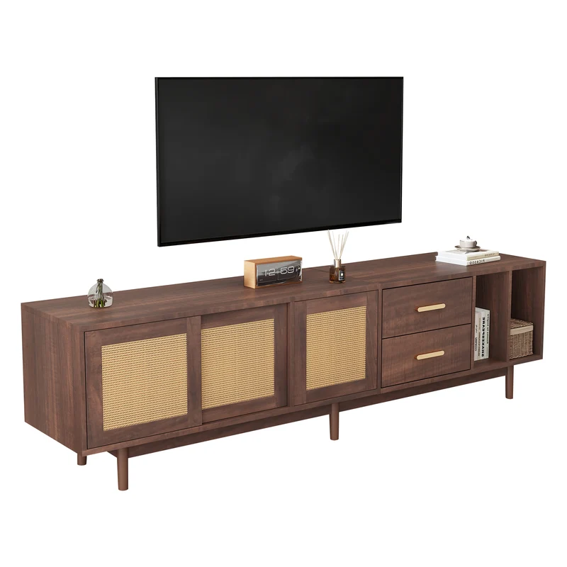 Meuble TV effet bois noyer et 3 portes en rotin 2 tiroirs 190x40x52 cm TERRALON