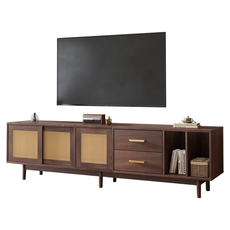 Meuble TV effet bois noyer et 3 portes en rotin 2 tiroirs 190x40x52 cm TERRALON
