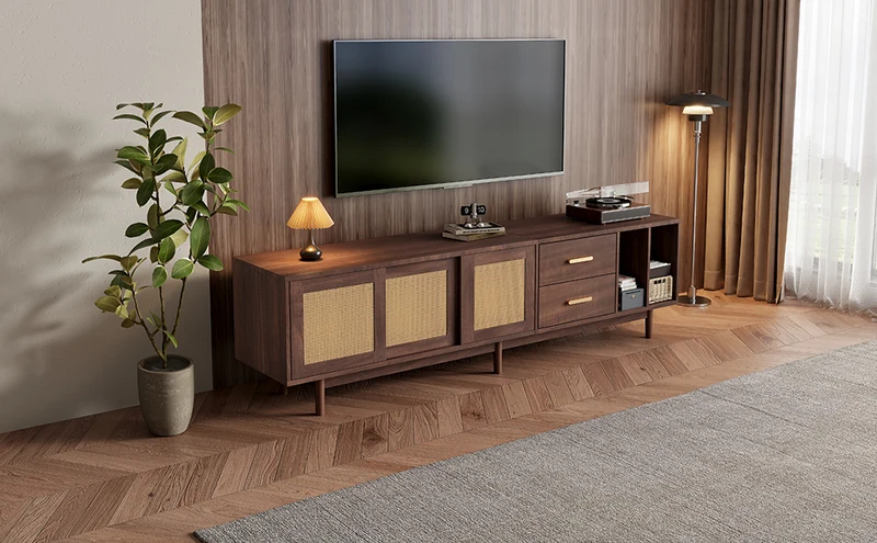 Meuble TV effet bois noyer et 3 portes en rotin 2 tiroirs 190x40x52 cm TERRALON