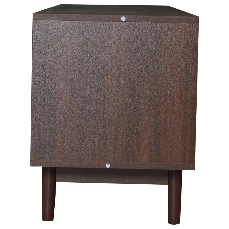 Meuble TV effet bois noyer et 3 portes en rotin 2 tiroirs 190x40x52 cm TERRALON