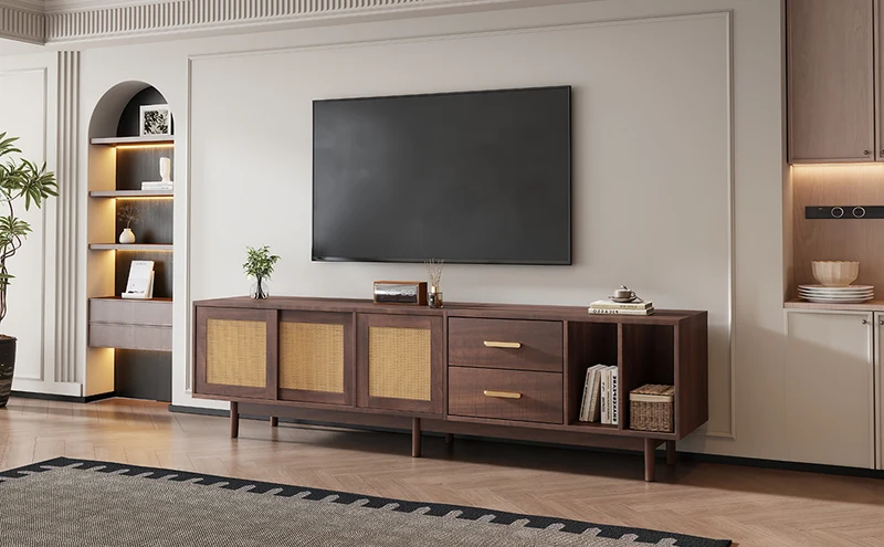 Meuble TV effet bois noyer et 3 portes en rotin 2 tiroirs 190x40x52 cm TERRALON