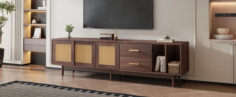 Meuble TV effet bois noyer et 3 portes en rotin 2 tiroirs 190x40x52 cm TERRALON