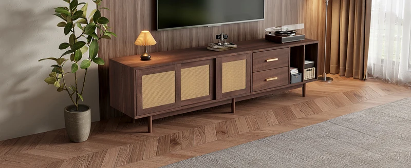 Meuble TV effet bois noyer et 3 portes en rotin 2 tiroirs 190x40x52 cm TERRALON