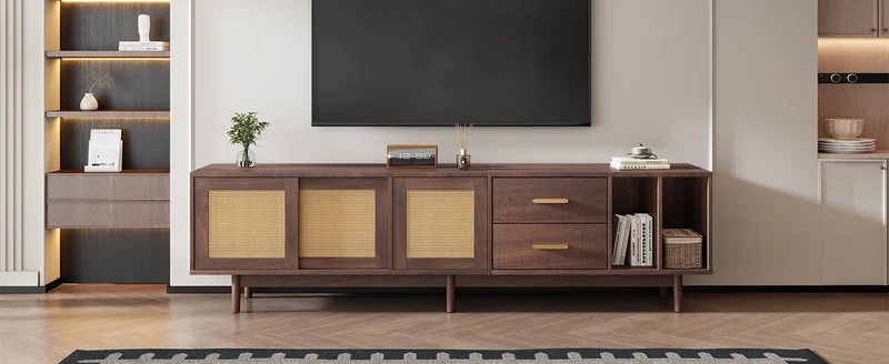 Meuble TV effet bois noyer et 3 portes en rotin 2 tiroirs 190x40x52 cm TERRALON