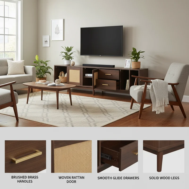 Meuble TV effet bois noyer et 3 portes en rotin 2 tiroirs 190x40x52 cm TERRALON