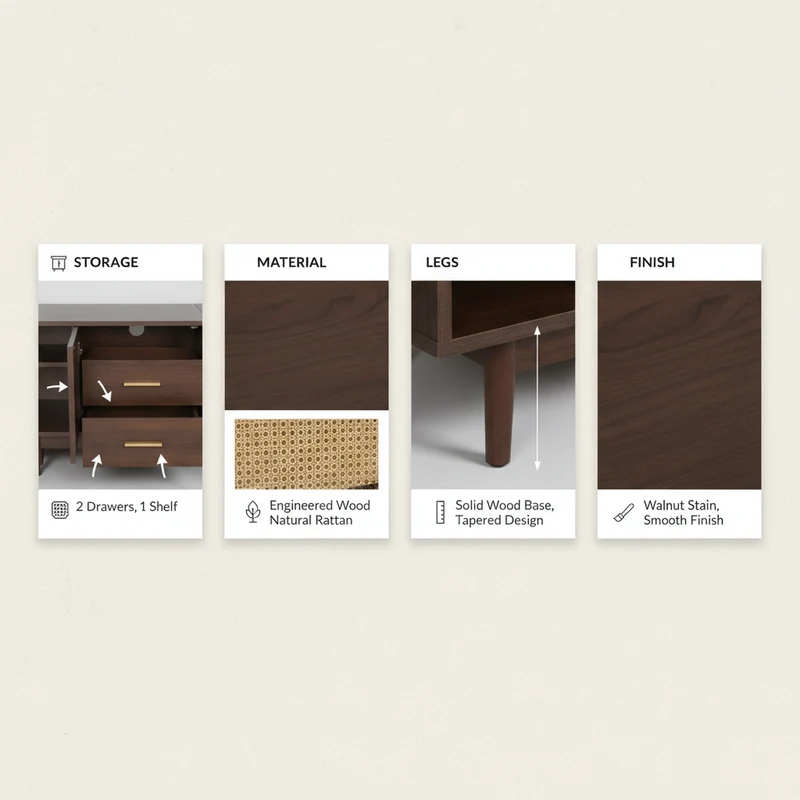 Meuble TV effet bois noyer et 3 portes en rotin 2 tiroirs 190x40x52 cm TERRALON