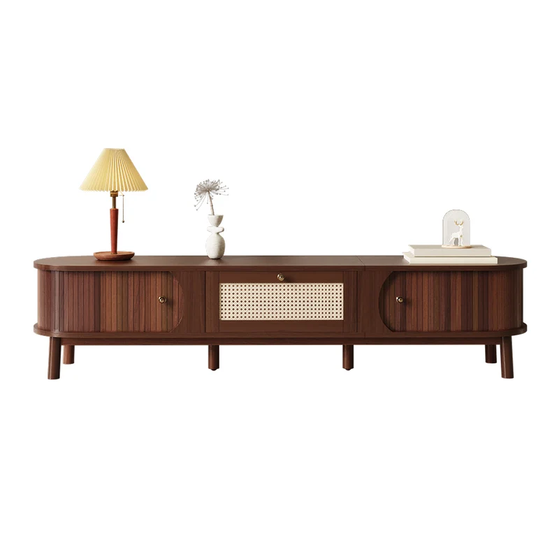 Meuble TV en bois noyer ovale 2 portes coulissantes et tiroir en rotin 170x39,5x38cm ETHEREALLNE