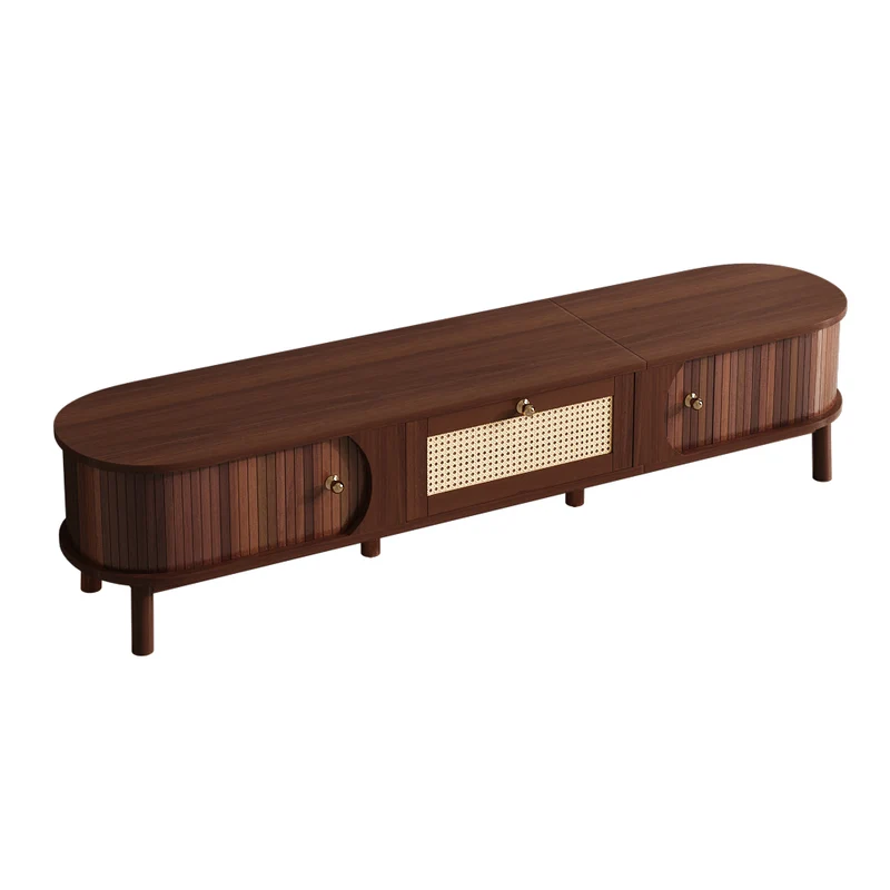 Meuble TV en bois noyer ovale 2 portes coulissantes et tiroir en rotin 170x39,5x38cm ETHEREALLNE