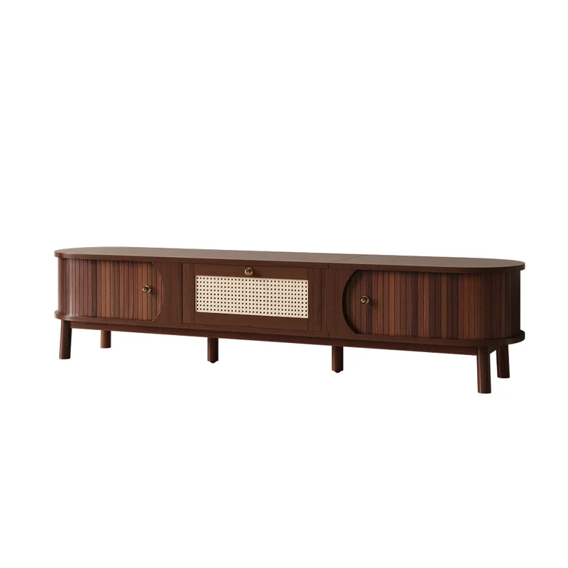Meuble TV en bois noyer ovale 2 portes coulissantes et tiroir en rotin 170x39,5x38cm ETHEREALLNE