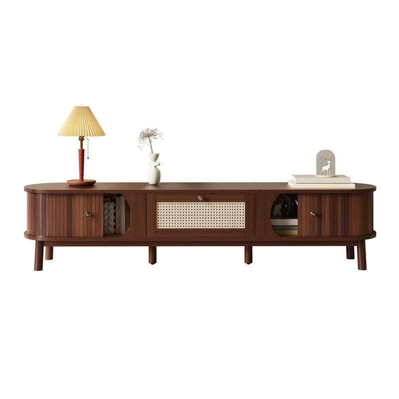 Meuble TV en bois noyer ovale 2 portes coulissantes et tiroir en rotin 170x39,5x38cm ETHEREALLNE