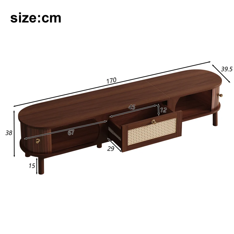 Meuble TV en bois noyer ovale 2 portes coulissantes et tiroir en rotin 170x39,5x38cm ETHEREALLNE