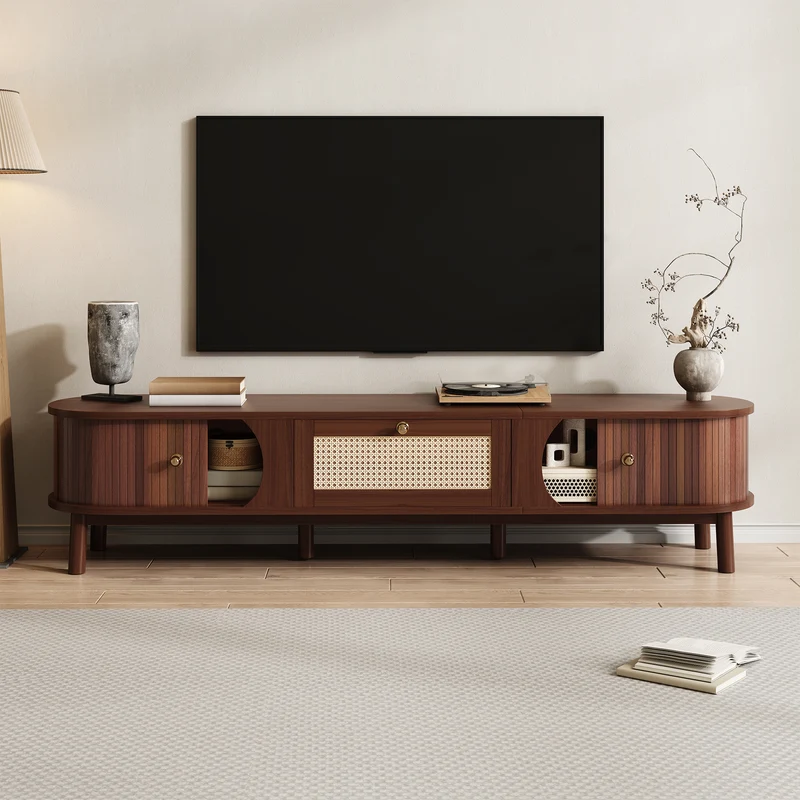 Meuble TV en bois noyer ovale 2 portes coulissantes et tiroir en rotin 170x39,5x38cm ETHEREALLNE