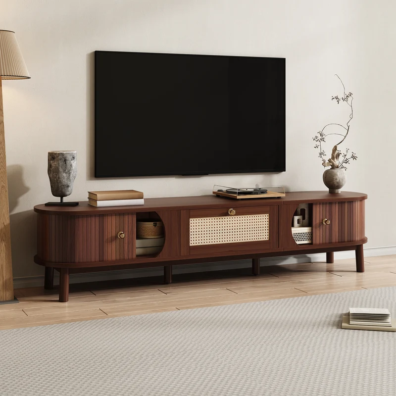 Meuble TV en bois noyer ovale 2 portes coulissantes et tiroir en rotin 170x39,5x38cm ETHEREALLNE