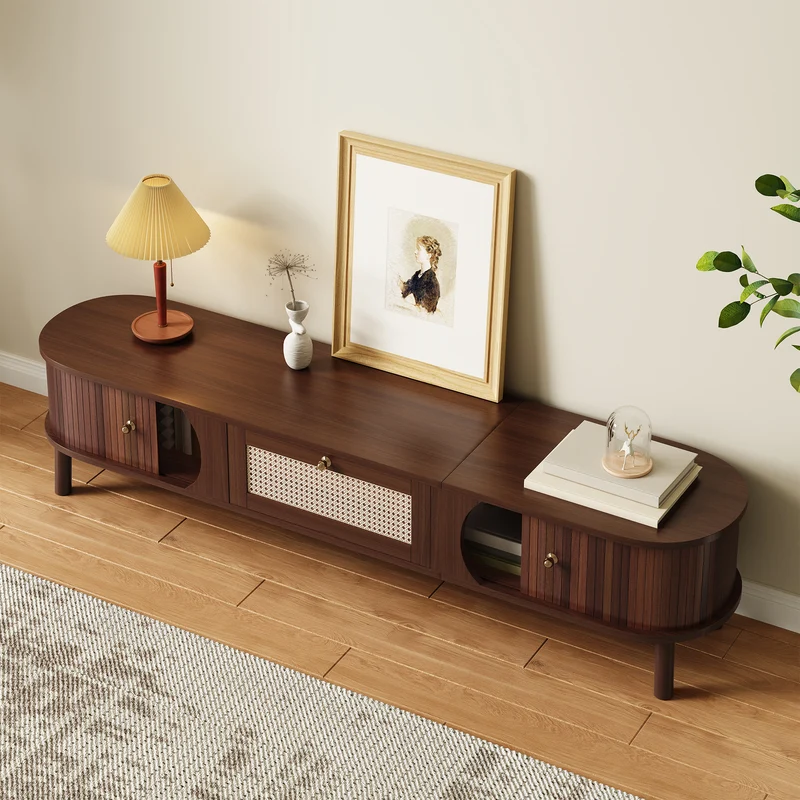 Meuble TV en bois noyer ovale 2 portes coulissantes et tiroir en rotin 170x39,5x38cm ETHEREALLNE