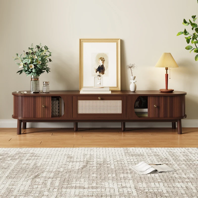 Meuble TV en bois noyer ovale 2 portes coulissantes et tiroir en rotin 170x39,5x38cm ETHEREALLNE