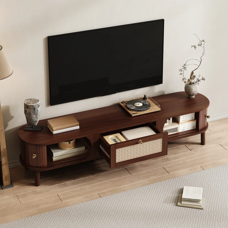 Meuble TV en bois noyer ovale 2 portes coulissantes et tiroir en rotin 170x39,5x38cm ETHEREALLNE