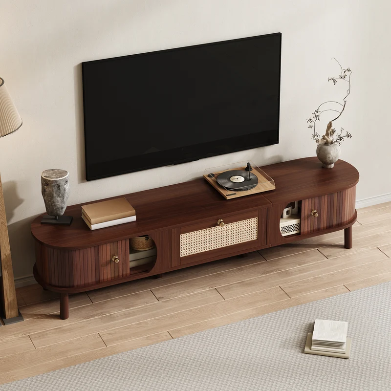 Meuble TV en bois noyer ovale 2 portes coulissantes et tiroir en rotin 170x39,5x38cm ETHEREALLNE