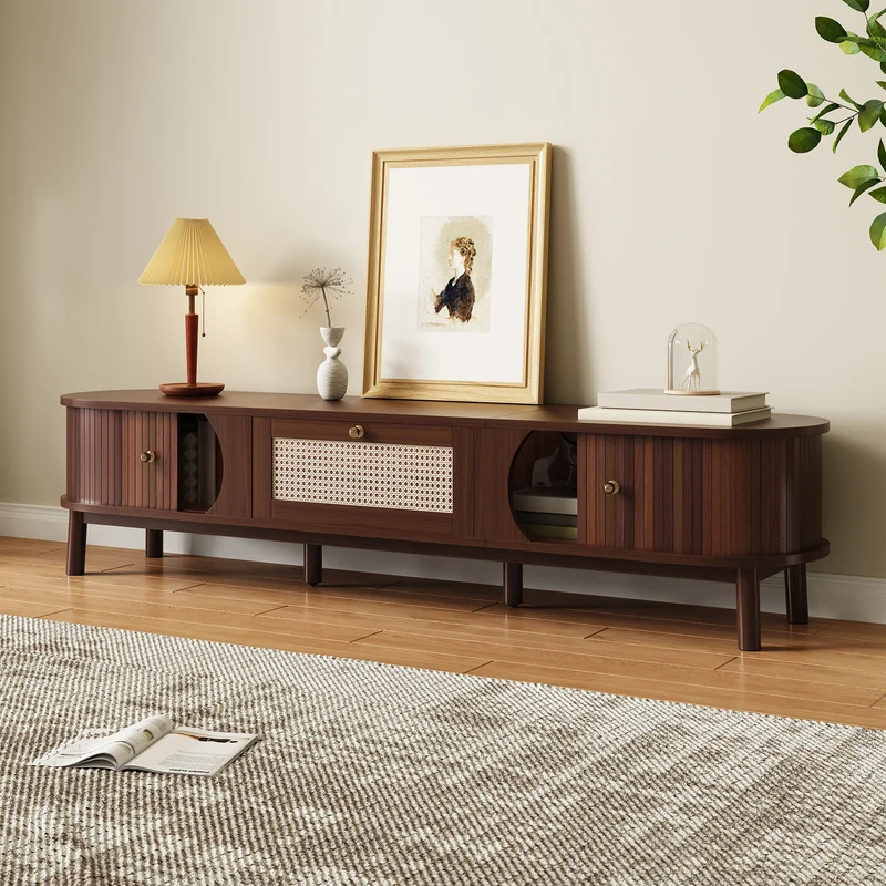 Meuble TV en bois noyer ovale 2 portes coulissantes et tiroir en rotin 170x39,5x38cm ETHEREALLNE