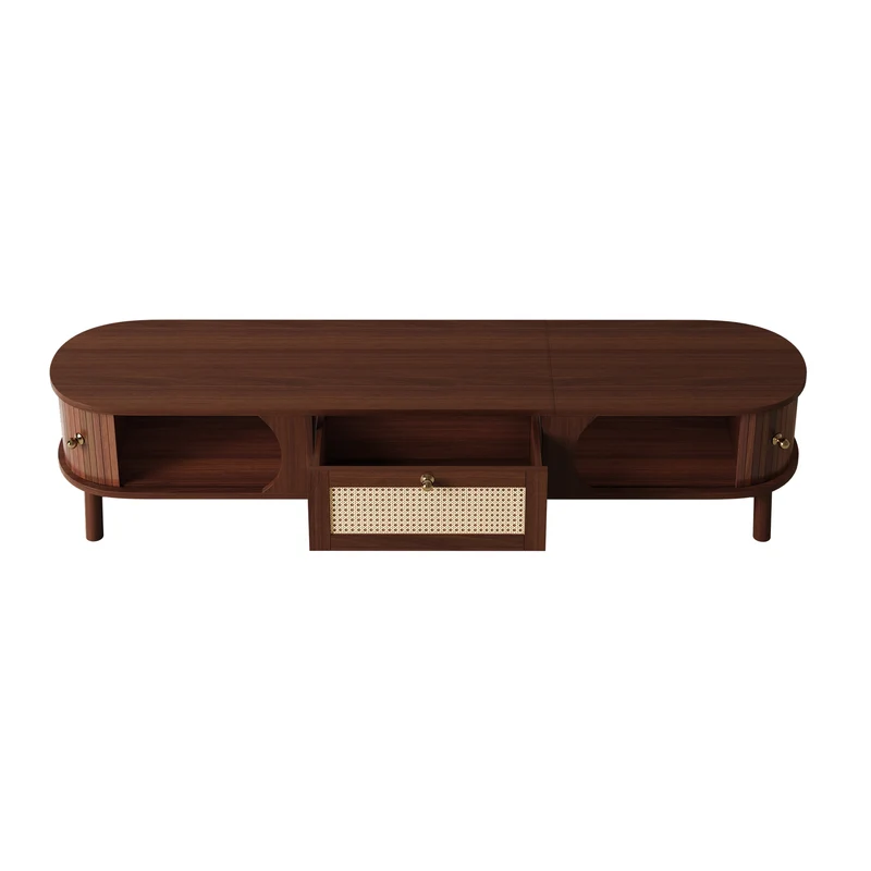 Meuble TV en bois noyer ovale 2 portes coulissantes et tiroir en rotin 170x39,5x38cm ETHEREALLNE