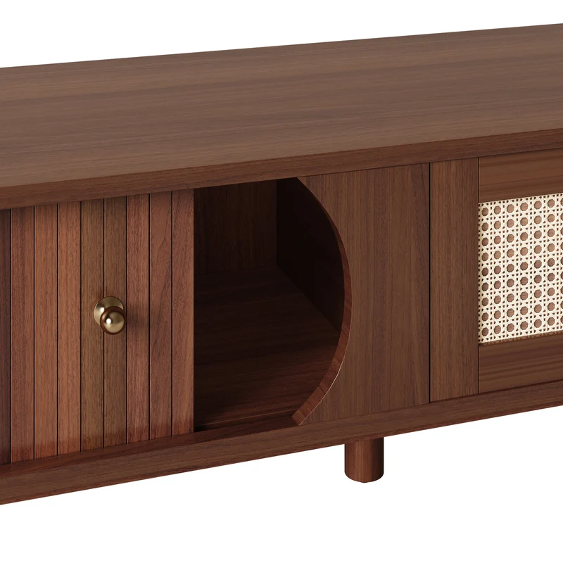 Meuble TV en bois noyer ovale 2 portes coulissantes et tiroir en rotin 170x39,5x38cm ETHEREALLNE