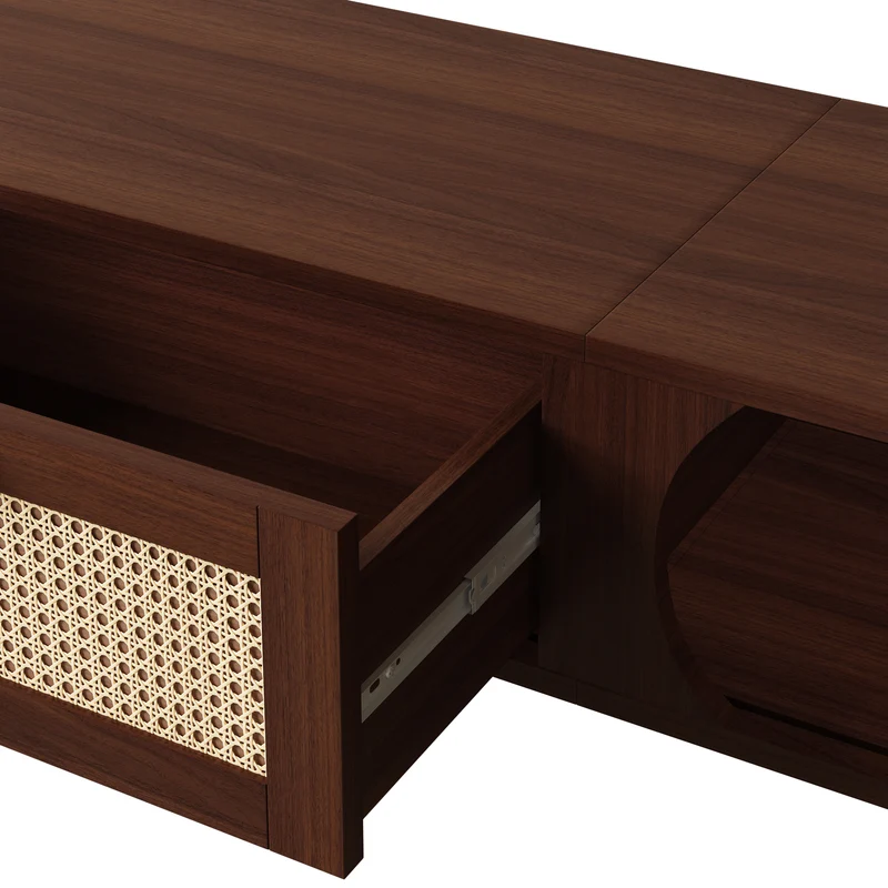 Meuble TV en bois noyer ovale 2 portes coulissantes et tiroir en rotin 170x39,5x38cm ETHEREALLNE