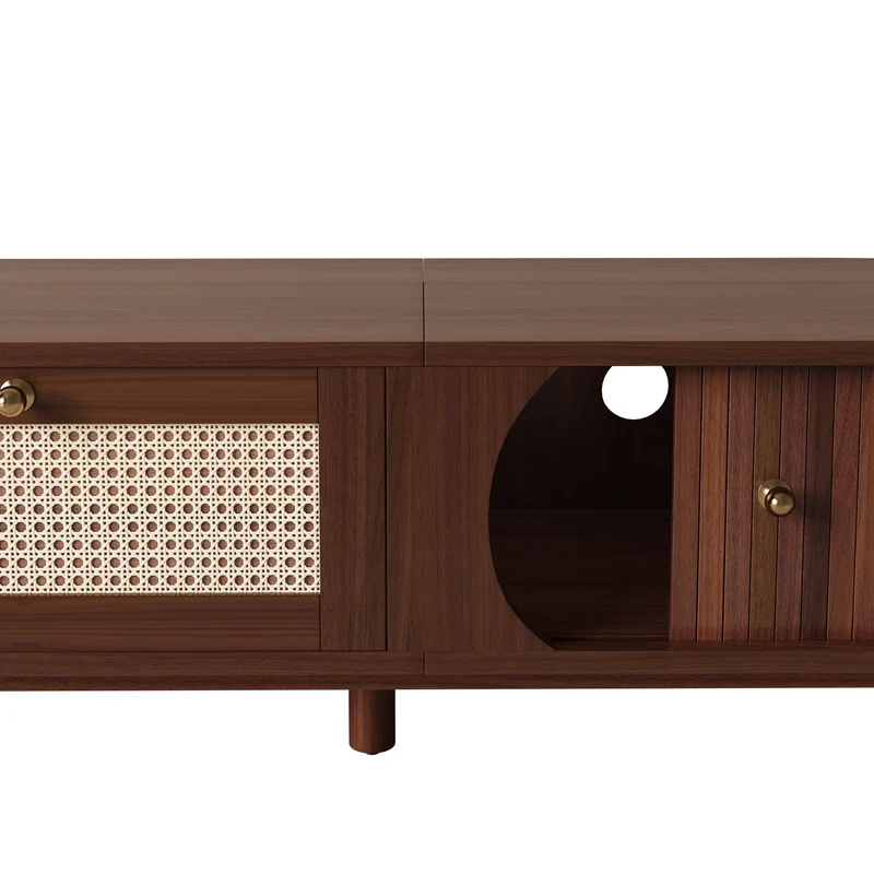 Meuble TV en bois noyer ovale 2 portes coulissantes et tiroir en rotin 170x39,5x38cm ETHEREALLNE