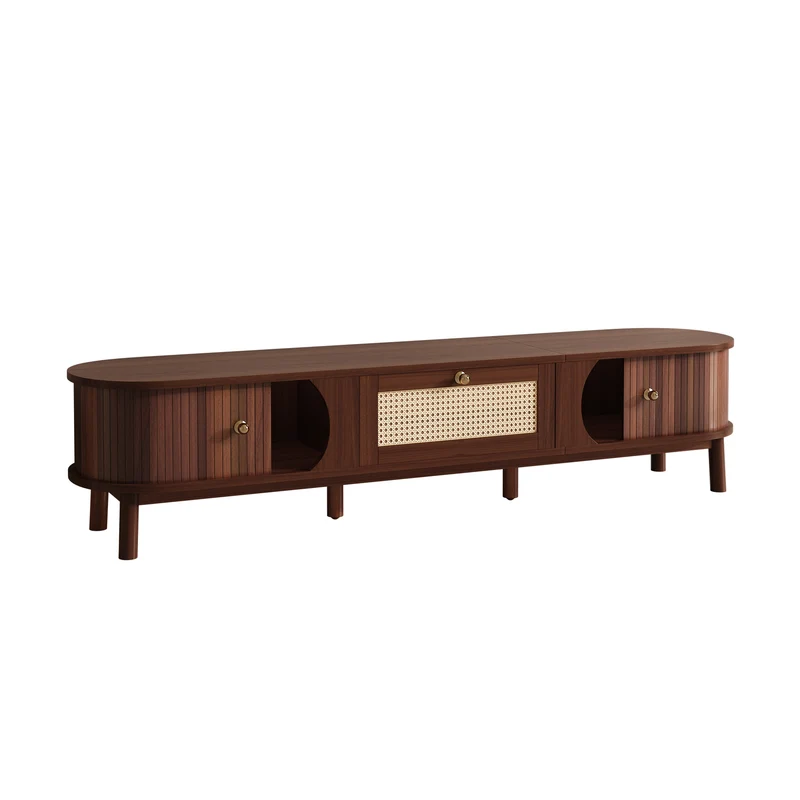 Meuble TV en bois noyer ovale 2 portes coulissantes et tiroir en rotin 170x39,5x38cm ETHEREALLNE