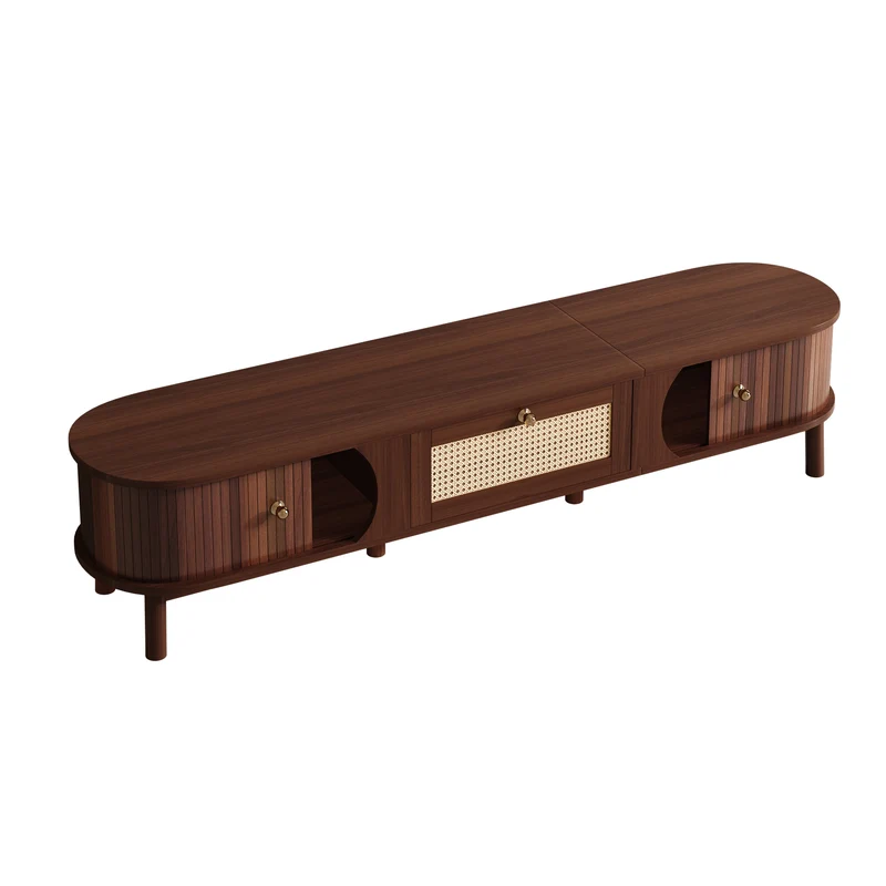 Meuble TV en bois noyer ovale 2 portes coulissantes et tiroir en rotin 170x39,5x38cm ETHEREALLNE