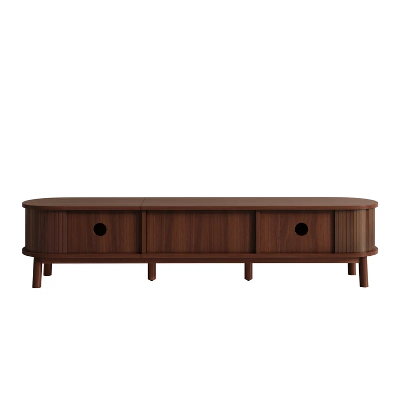 Meuble TV en bois noyer ovale 2 portes coulissantes et tiroir en rotin 170x39,5x38cm ETHEREALLNE