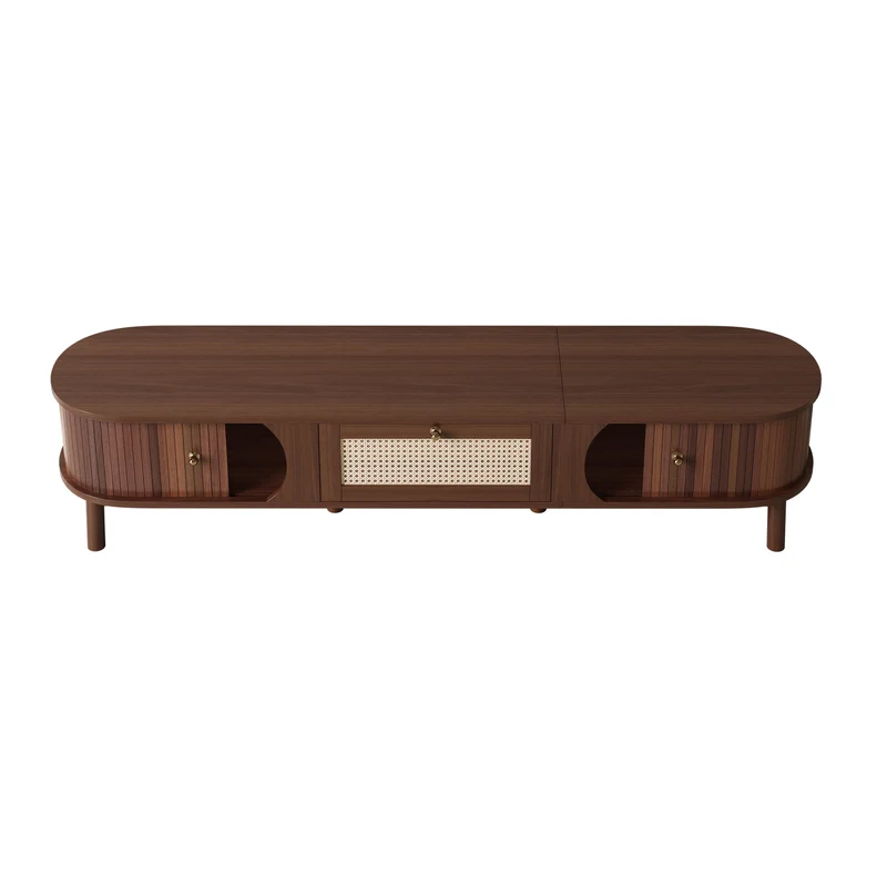 Meuble TV en bois noyer ovale 2 portes coulissantes et tiroir en rotin 170x39,5x38cm ETHEREALLNE