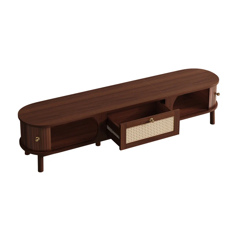 Meuble TV en bois noyer ovale 2 portes coulissantes et tiroir en rotin 170x39,5x38cm ETHEREALLNE