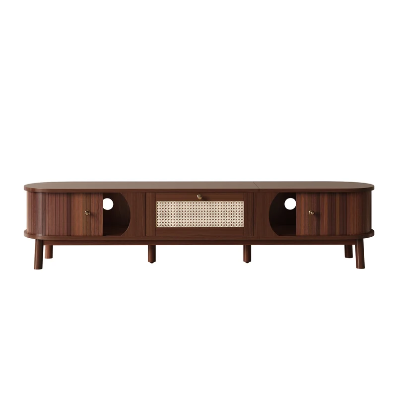 Meuble TV en bois noyer ovale 2 portes coulissantes et tiroir en rotin 170x39,5x38cm ETHEREALLNE