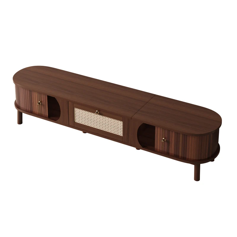 Meuble TV en bois noyer ovale 2 portes coulissantes et tiroir en rotin 170x39,5x38cm ETHEREALLNE