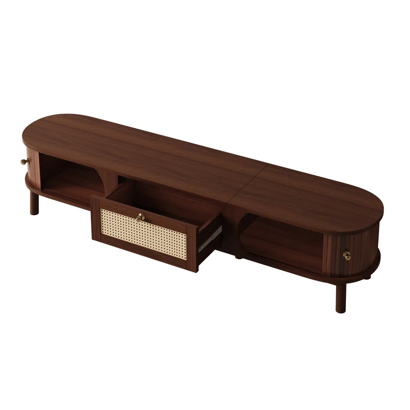 Meuble TV en bois noyer ovale 2 portes coulissantes et tiroir en rotin 170x39,5x38cm ETHEREALLNE