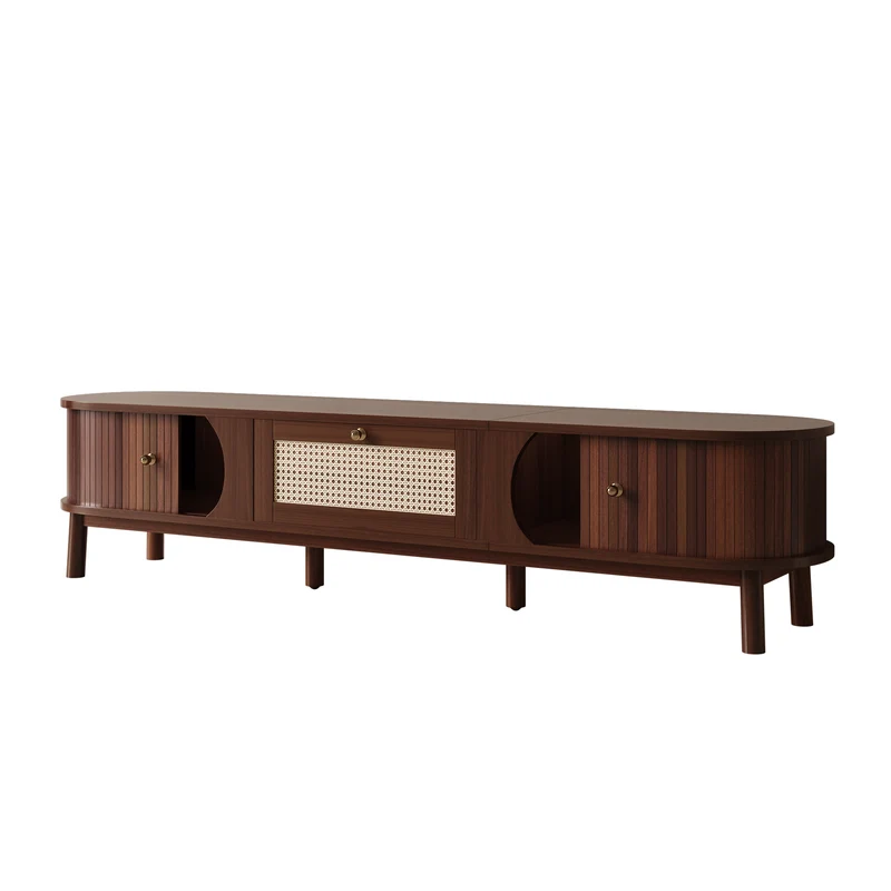 Meuble TV en bois noyer ovale 2 portes coulissantes et tiroir en rotin 170x39,5x38cm ETHEREALLNE
