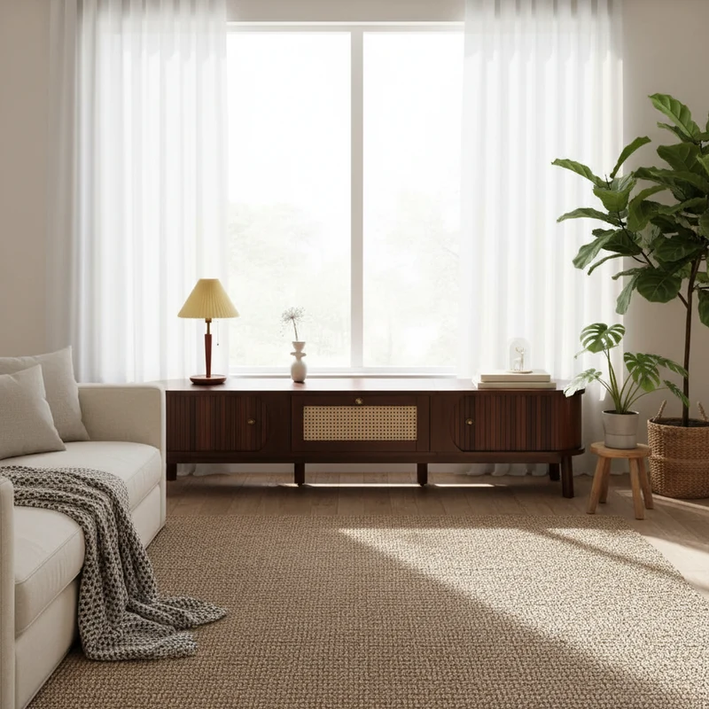 Meuble TV en bois noyer ovale 2 portes coulissantes et tiroir en rotin 170x39,5x38cm ETHEREALLNE