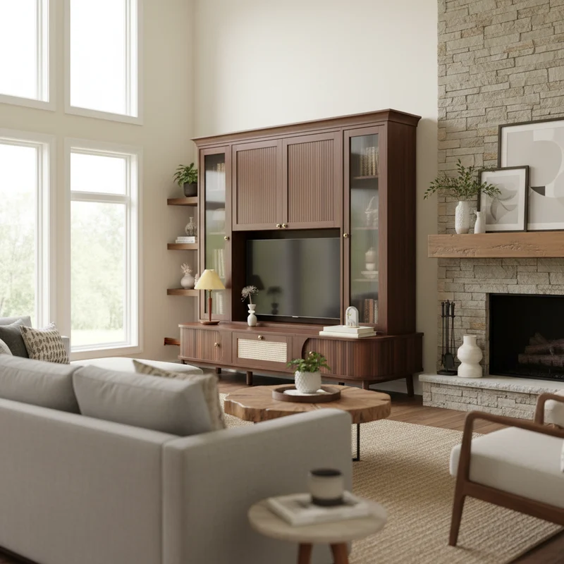 Meuble TV en bois noyer ovale 2 portes coulissantes et tiroir en rotin 170x39,5x38cm ETHEREALLNE