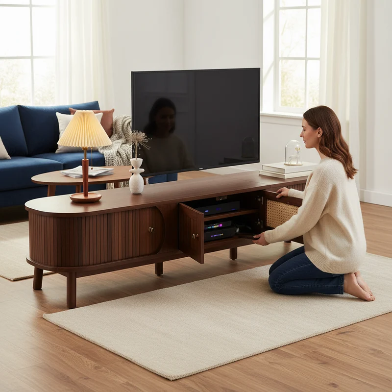 Meuble TV en bois noyer ovale 2 portes coulissantes et tiroir en rotin 170x39,5x38cm ETHEREALLNE