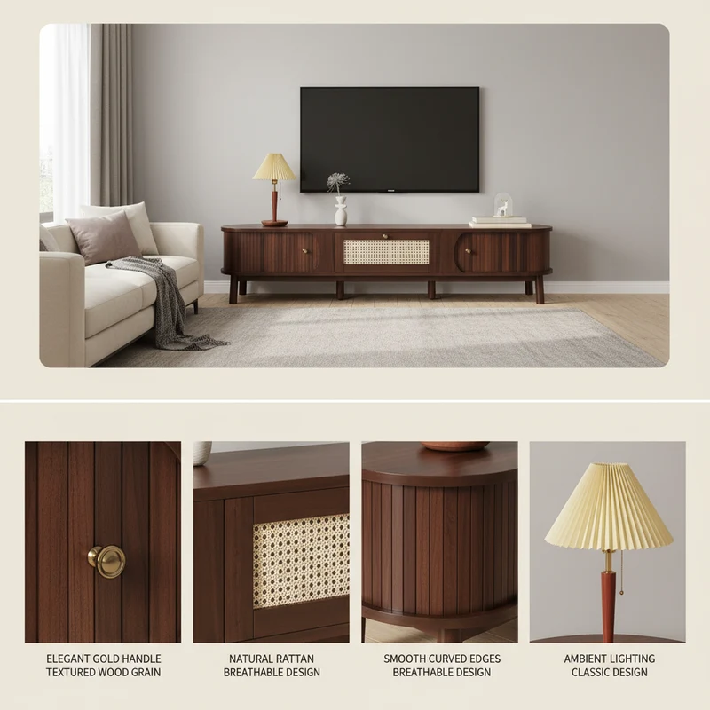 Meuble TV en bois noyer ovale 2 portes coulissantes et tiroir en rotin 170x39,5x38cm ETHEREALLNE