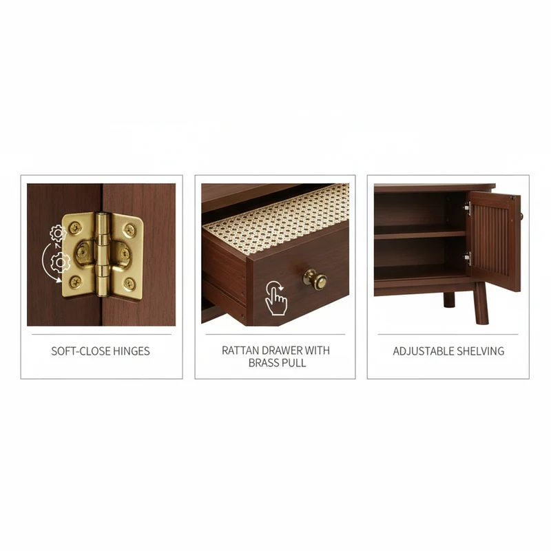 Meuble TV en bois noyer ovale 2 portes coulissantes et tiroir en rotin 170x39,5x38cm ETHEREALLNE