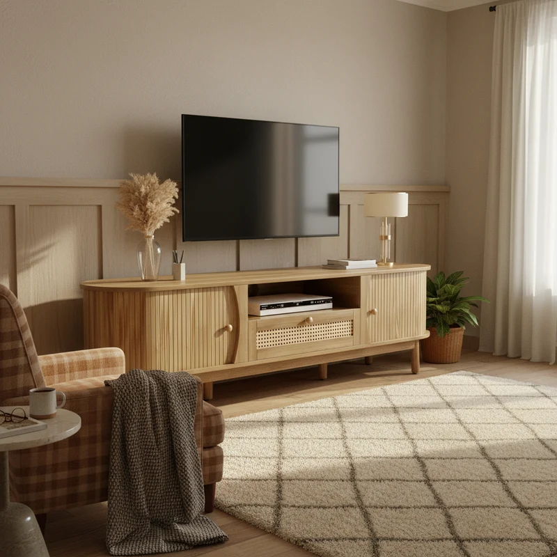 Meuble TV effet bois claire ovale tiroirs en rotin et 2 portes coulissantes 165x37x46cm VIVIDLNE