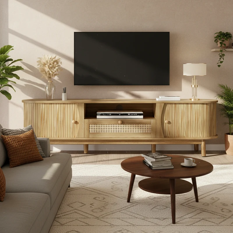 Meuble TV effet bois claire ovale tiroirs en rotin et 2 portes coulissantes 165x37x46cm VIVIDLNE