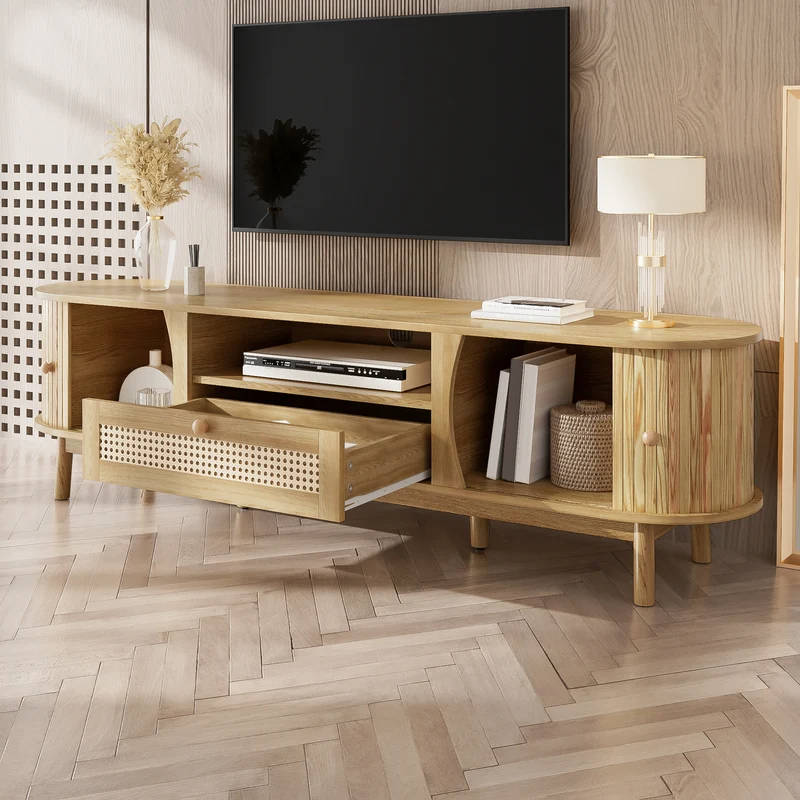 Meuble TV effet bois claire ovale tiroirs en rotin et 2 portes coulissantes 165x37x46cm VIVIDLNE